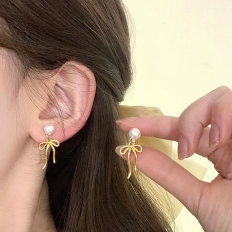 Pearl drop ribbon earring【R0422】