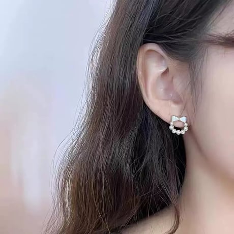 Circle pearl ribbon earring【R0430】