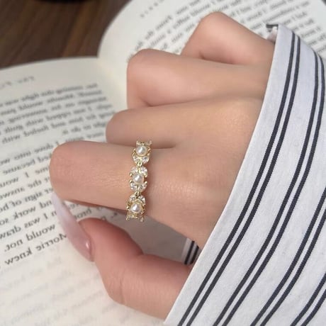 Flower pearl cuff ring【R0343】