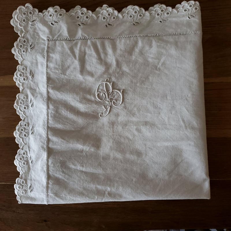 フランスアンティーク\"LH\" クッションカバー大/モノグラム/白糸刺繍 フランスアンティーク LH クッションカバー大/モノグラム/白糸刺繍