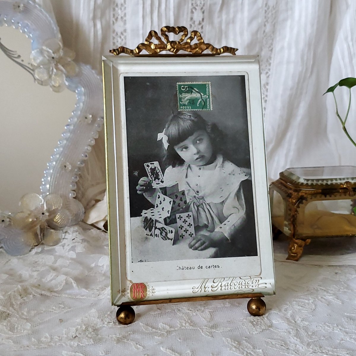 フランスアンティーク　リボンモチーフ　木製　フレーム　ガラス付き　ブロカント フランスアンティーク リボンモチーフ 木製 フレーム ガラス付き