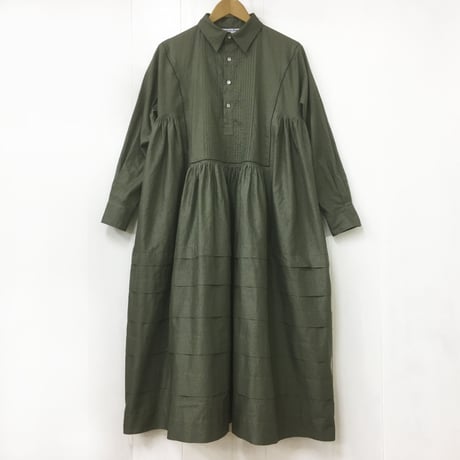 point de Japon / Pintuck Gathered Shirt Dress / Khaki Green