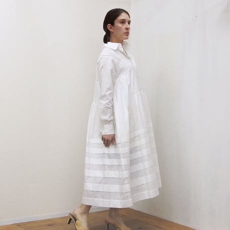 point de Japon / Pintuck Gathered Shirt Dress / Off White