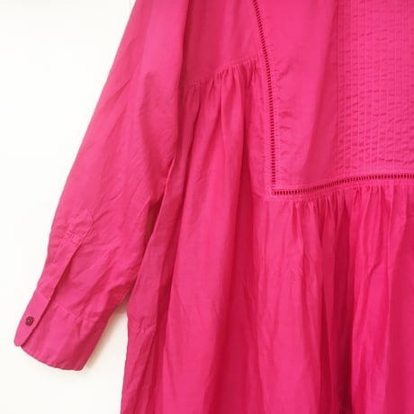 point de Japon / Band Collar Pintuck Gathered Dress / Magenta Pink