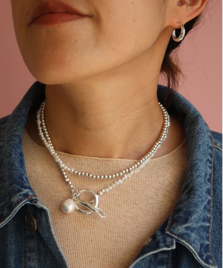 4mm silver beads×pearl lariat(MA-N-26)