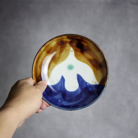 5寸皿S1 飴 呉須釉 鳥 やちむん 陶器 拓美窯:7203004