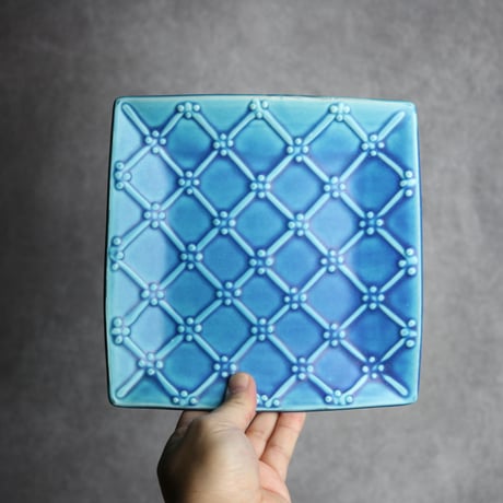 正方皿 大 いっちん格子 青 やちむん 陶器 一翠窯:7021007