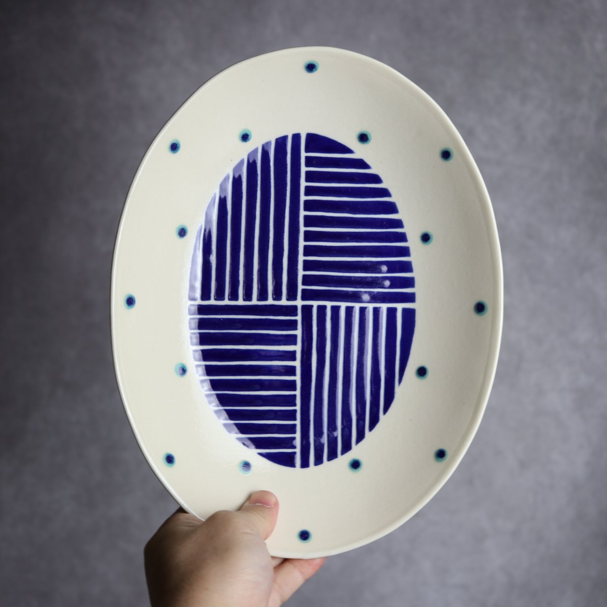 7205008 楕円皿 大 呉須釉 ストライプ やちむん 陶器 高江洲陶磁器