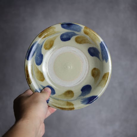 6寸皿S1 飴 呉須釉 双葉紋 やちむん 陶器 北窯 松田米司工房:7003005