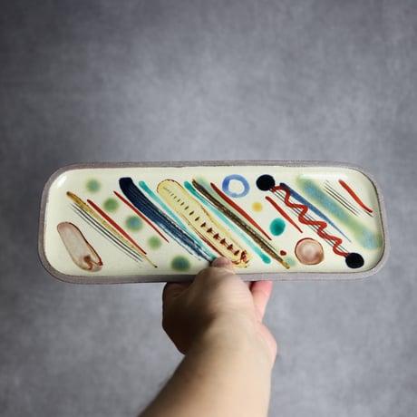 長角皿 長 赤絵 シンストライプ やちむん 陶器 一翠窯:7021020