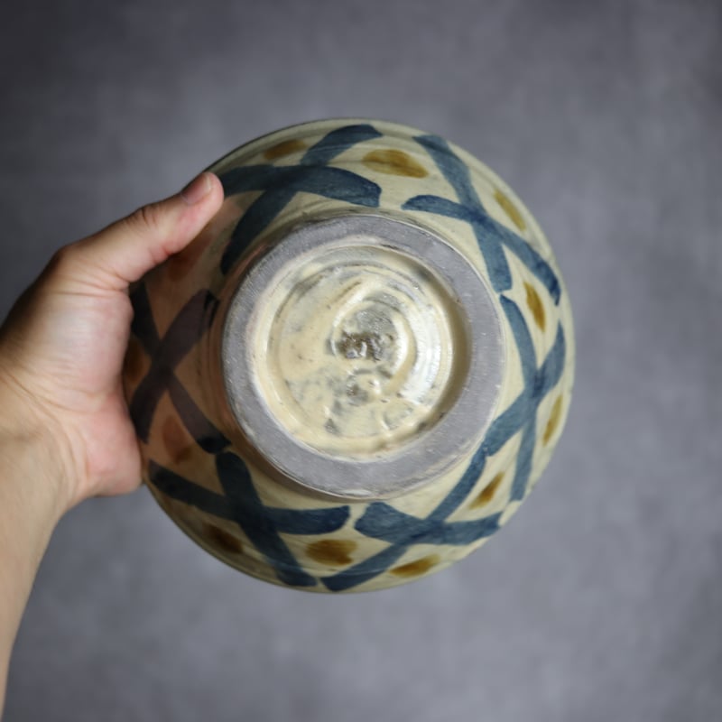 6寸マカイ2 飴 呉須釉 格子点打 やちむん 陶器 北窯 宮城正享工房