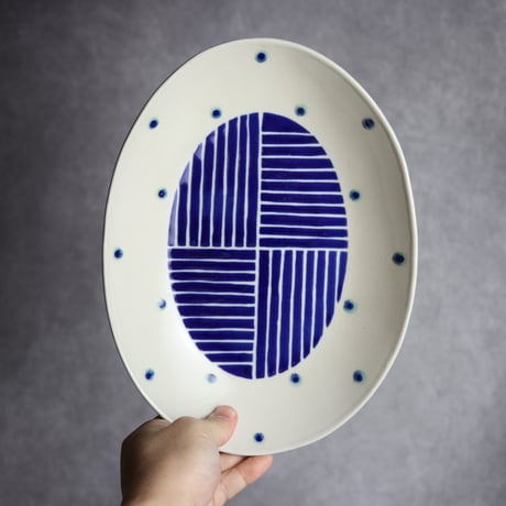 楕円皿 大 呉須釉 ストライプ やちむん 陶器 高江洲陶磁器:7205008