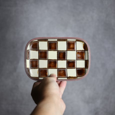 長角皿 小 格子 飴 白 やちむん 陶器 一翠窯:7021001