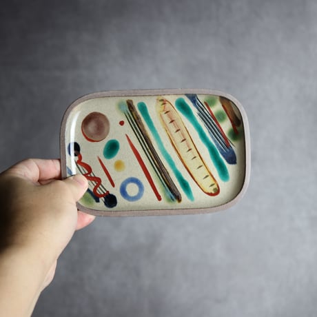 長角皿 小 赤絵 シンストライプ やちむん 陶器 一翠窯:7021017