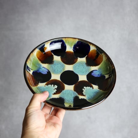 7寸皿1 三彩ドット紋 やちむん 陶器 エドメ陶房:7201005