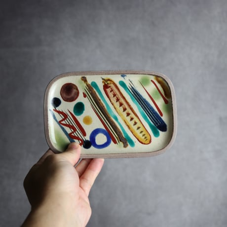 長角皿 小 赤絵 シンストライプ やちむん 陶器 一翠窯:7021017