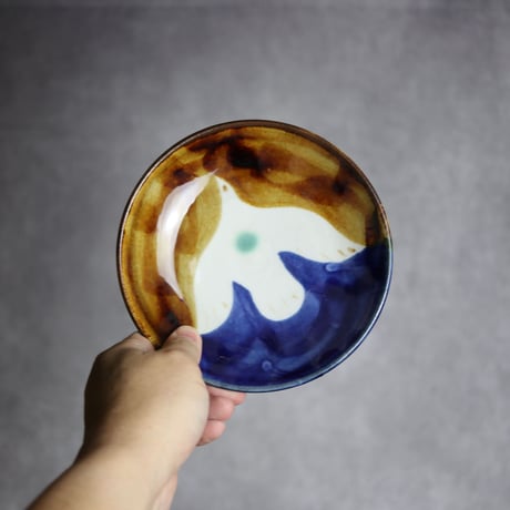 5寸皿S1 飴 呉須釉 鳥 やちむん 陶器 拓美窯:7203004