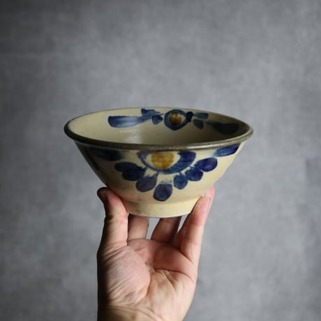 5寸マカイ1 飴 呉須釉 菊花唐草 やちむん 陶器 北窯 宮城正享工房:7005015