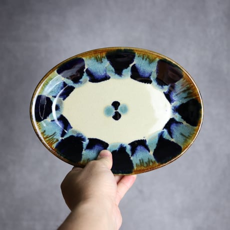 オーバル皿1 青三彩紋 やちむん 陶器 エドメ陶房:7201002
