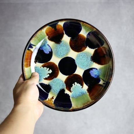 7寸皿1 三彩ドット紋 やちむん 陶器 エドメ陶房:7201005
