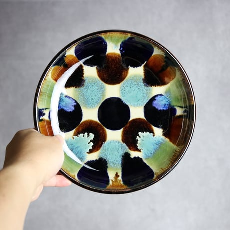 7寸皿1 三彩ドット紋 やちむん 陶器 エドメ陶房:7201005