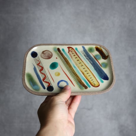 長角皿 中 赤絵 シンストライプ やちむん 陶器 一翠窯:7021018
