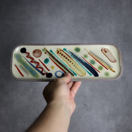 長角皿 長 赤絵 シンストライプ やちむん 陶器 一翠窯:7021020