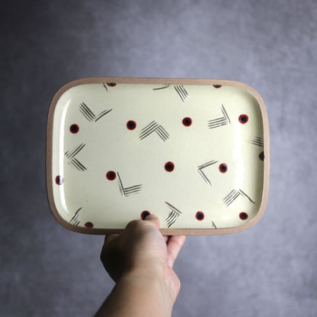 長角皿 大 サンディー 飴に呉須の点 やちむん 陶器 一翠窯:7021003