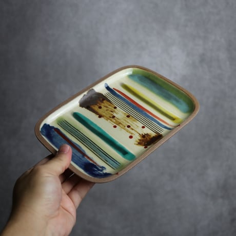 長角皿 中 赤絵 ストライプ やちむん 陶器 一翠窯:7021018