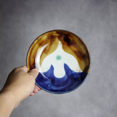 5寸皿S1 飴 呉須釉 鳥 やちむん 陶器 拓美窯:7203004