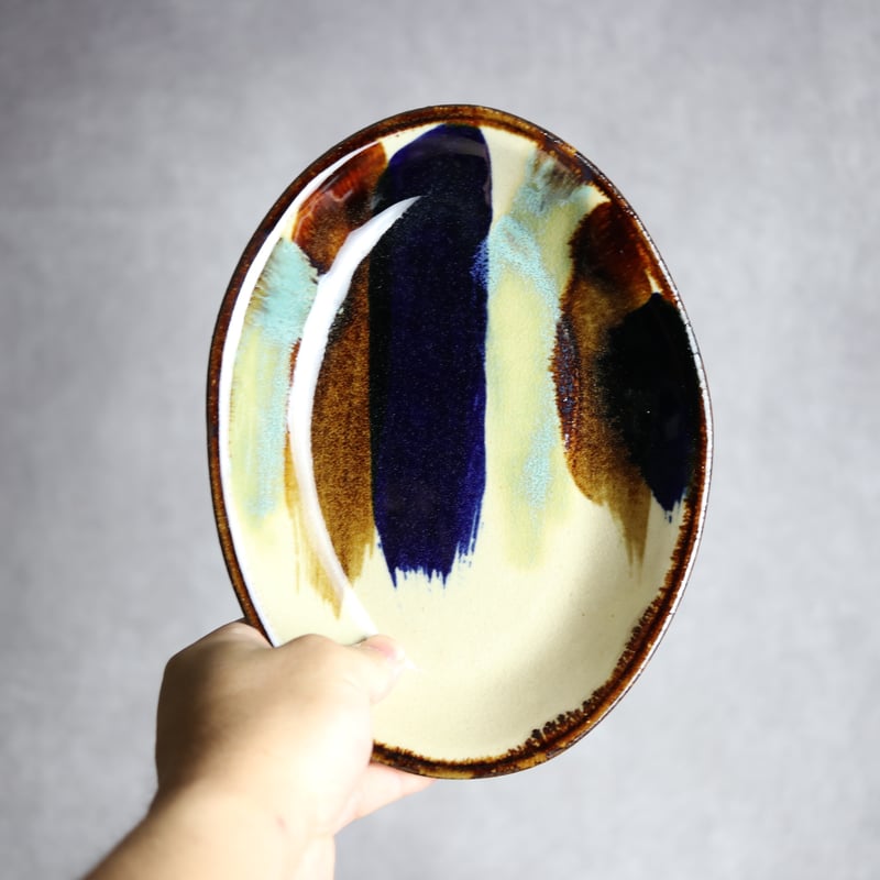オーバル皿　２枚　エドメ陶房　やちむん　沖縄 オーバル皿2 ライン紋 やちむん 陶器 エドメ陶房:7201002 | MADE IN OKI