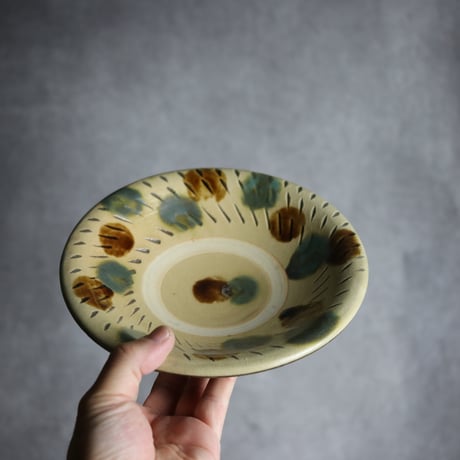 6寸皿1 三彩 飛鉋 点打 やちむん 陶器 北窯 宮城正享工房:7005006