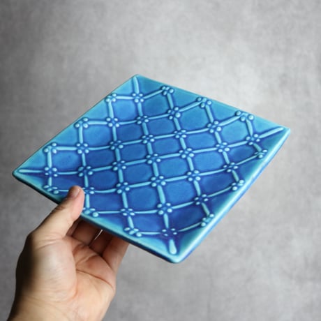 正方皿 大 いっちん格子 青 やちむん 陶器 一翠窯:7021007