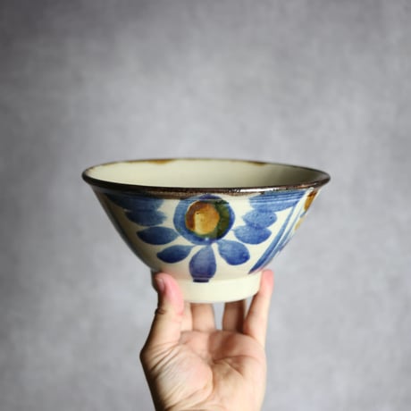 6寸マカイ1S 飴 呉須釉 菊唐草 格子点打 やちむん 陶器 いずみ窯 島袋工房:7028046