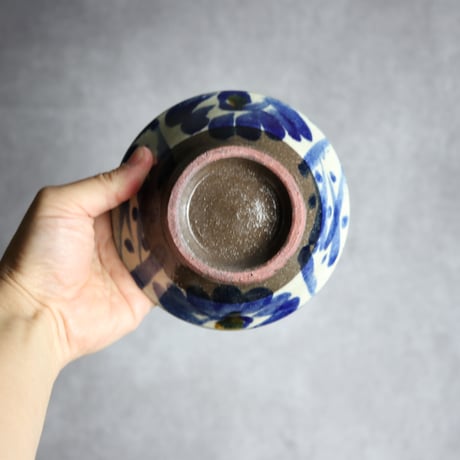 4.5寸マカイ2 飴 呉須釉 菊花格子点打 やちむん 陶器 漂窯:7010025