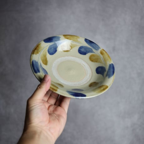 6寸皿S1 飴 呉須釉 双葉紋 やちむん 陶器 北窯 松田米司工房:7003005