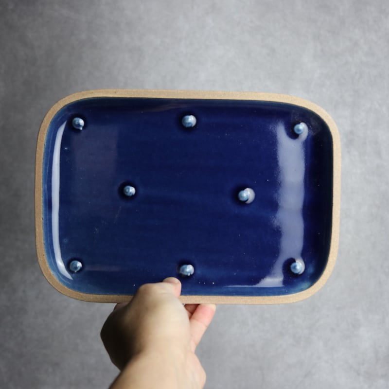 やちむん一翠窯長方皿(小）呉須丸紋沖縄陶器