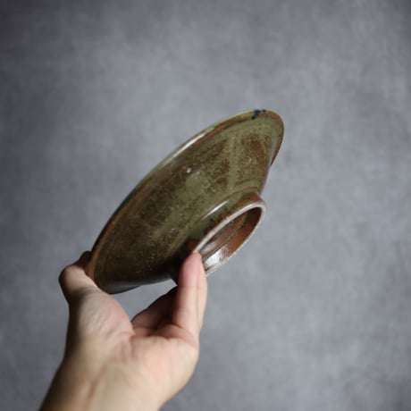 6寸皿S1 飴 呉須釉 双葉紋 やちむん 陶器 北窯 松田米司工房:7003005