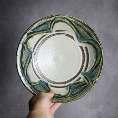8寸皿2 緑釉 指描 やちむん 陶器 榮一工房:7013025
