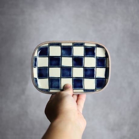 長角皿 小 格子 呉須 白 やちむん 陶器 一翠窯:7021001