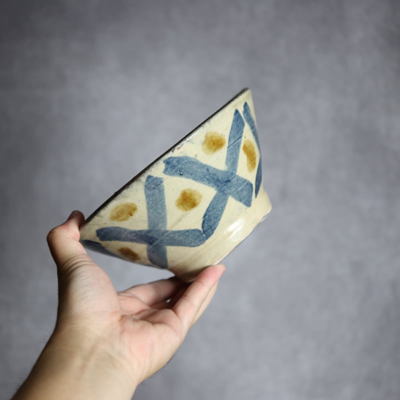 6寸マカイ2 飴 呉須釉 格子点打 やちむん 陶器 北窯 宮城正享工房