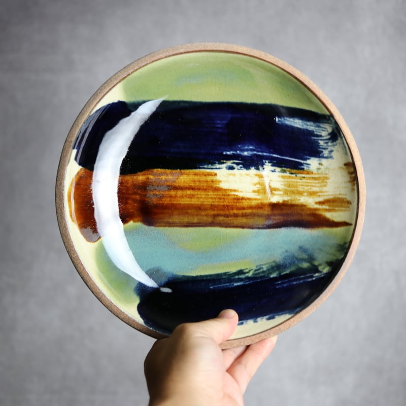 ちゃんぷるー皿大1 三色ストライプ やちむん 陶器 一翠窯:7021012