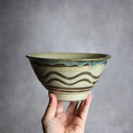 6寸マカイS1 緑釉 指描  波紋 やちむん 陶器 北窯 松田米司工房:7003012