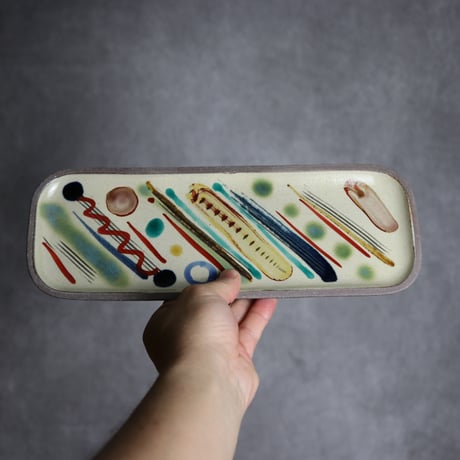 長角皿 長 赤絵 シンストライプ やちむん 陶器 一翠窯:7021020