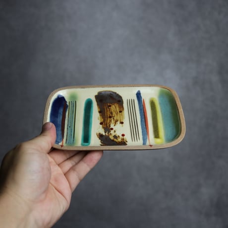 長角皿 小 赤絵 ストライプ やちむん 陶器 一翠窯:7021017