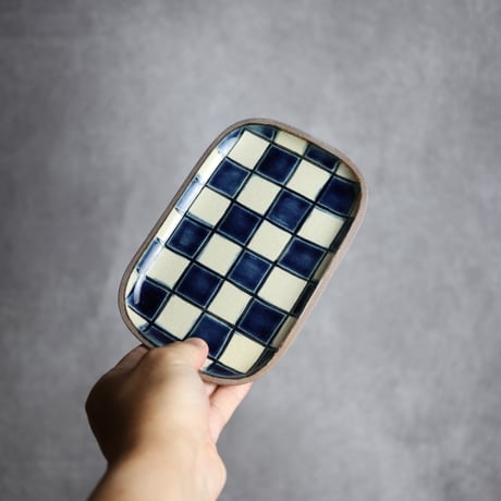 長角皿 小 格子 呉須 白 やちむん 陶器 一翠窯:7021001
