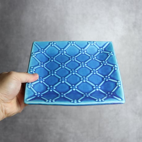 正方皿 大 いっちん格子 青 やちむん 陶器 一翠窯:7021007