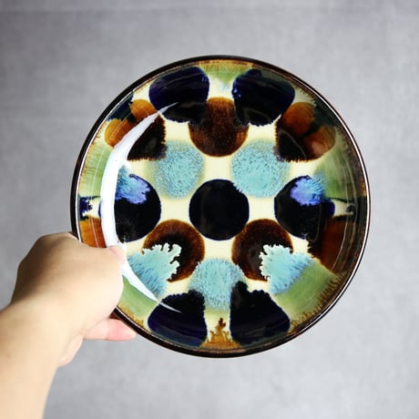 7寸皿1 三彩ドット紋 やちむん 陶器 エドメ陶房:7201005