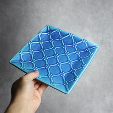 正方皿 大 いっちん格子 青 やちむん 陶器 一翠窯:7021007
