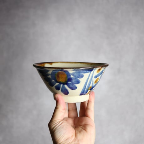 5寸マカイ1S 飴 呉須釉 菊唐草 格子点打 やちむん 陶器 いずみ窯 島袋工房:7028042